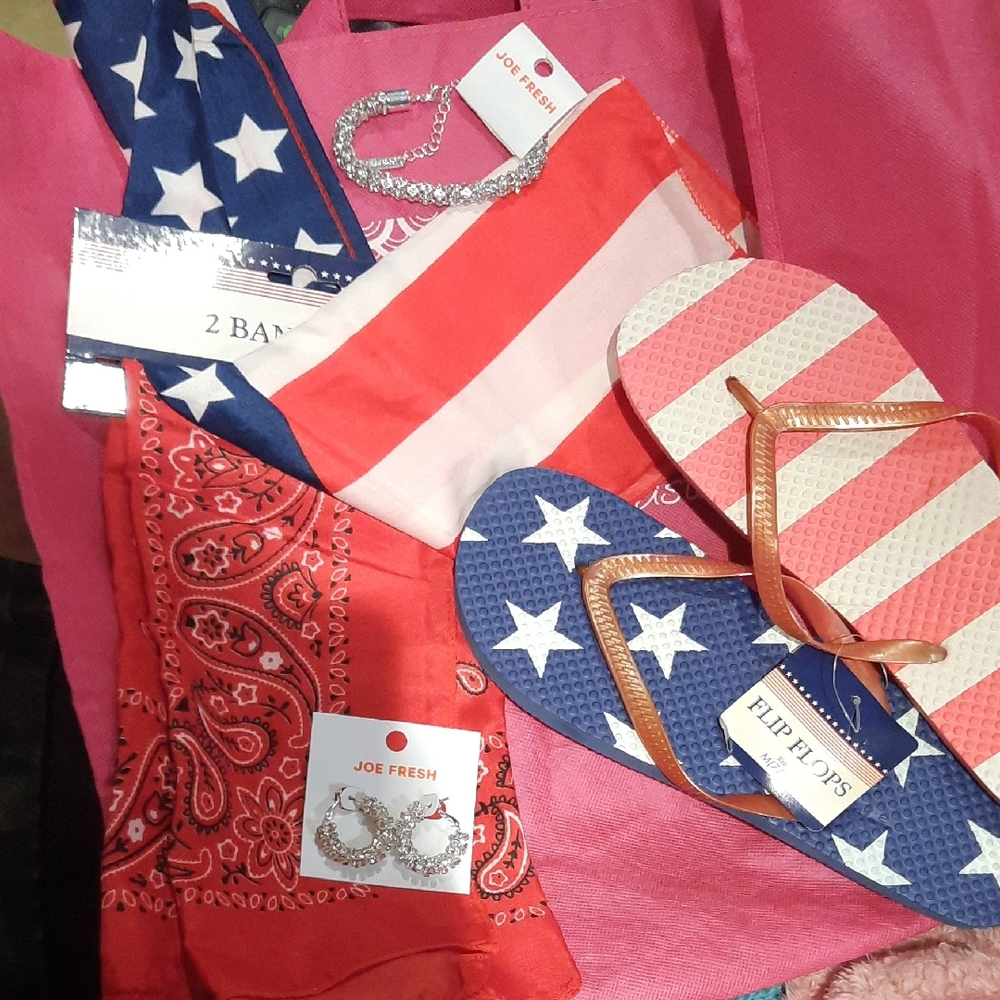 NWT Bundle JOE FRESH BLING Bracelet Earrings Patriotic Flip Flops 2 Scarves LOT